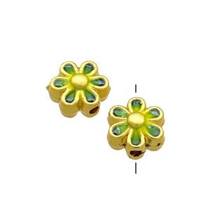 Copper Flower Beads Green Painted Gold Plated, approx 7mm [FD13561]
