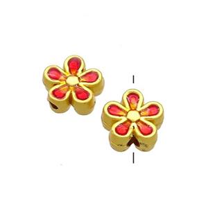 Copper Flower Beads Red Painted Gold Plated, approx 7.5mm [FD13562]