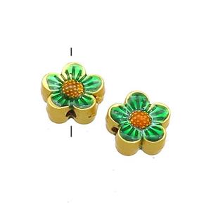Copper Flower Beads Green Painted Gold Plated, approx 8mm [FD13563]