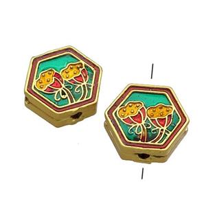 Copper Hexagon Beads Multicolor Painted Flower Gold Plated, approx 14mm [FD13578]