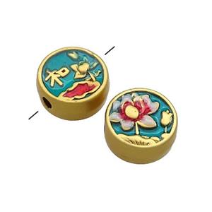 Copper Coin Beads Multicolor Painted Flower Gold Plated, approx 11mm [FD13579]