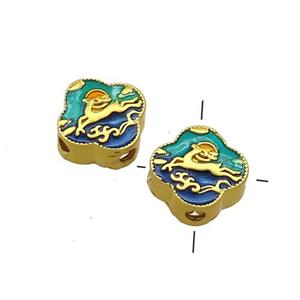 Copper Deer Beads Green Painted Cross Hole Gold Plated, approx 10mm [FD13594]