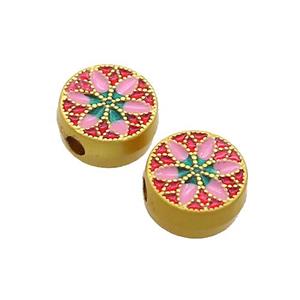 Copper Coin Beads Flower Multicolor Painted Gold Plated, approx 9.5mm [FD13597]