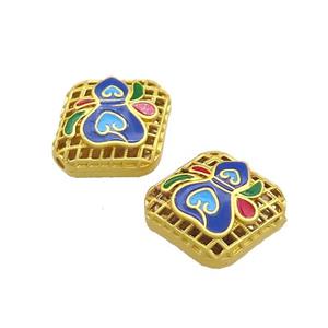 Copper Rhombic Beads Blue Painted Hollow Gold Plated, approx 16-18mm [FD13620]