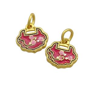 Copper Talisman Pendant Flower Red Painted Gold Plated, approx 12mm [FD13648]