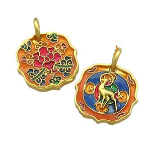 Copper Circle Pendant Multicolor Painted Deer Gold Plated, approx 15mm [FD13653]