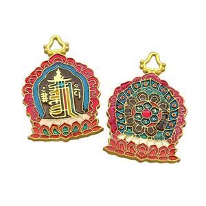 Copper Pendant Buddhist Multicolor Painted Gold Plated, approx 24-35mm [FD13665]