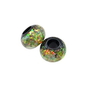 Black Resin Rondelle Beads Pave Olive Fire Opal Large Hole Smooth, approx 6.5mm, 3mm hole [FD13764]