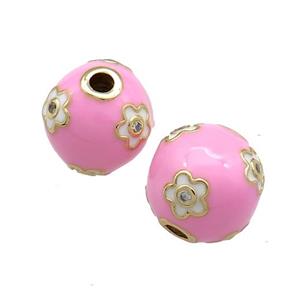 Copper Round Beads Pave Zircon Pink Enamel 18K Gold Plated, approx 13-14mm [FD13823]