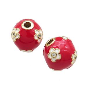 Copper Round Beads Pave Zircon Red Enamel 18K Gold Plated, approx 13-14mm [FD13826]