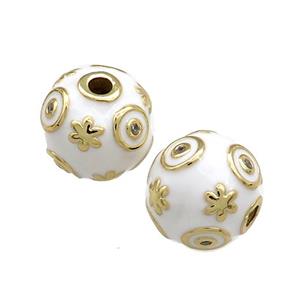 Copper Round Beads Pave Zircon White Enamel 18K Gold Plated, approx 14mm [FD13828]