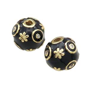Copper Round Beads Pave Zircon Black Enamel 18K Gold Plated, approx 14mm [FD13829]
