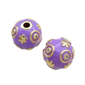 Copper Round Beads Pave Zircon Purple Enamel 18K Gold Plated, approx 14mm [FD13831]