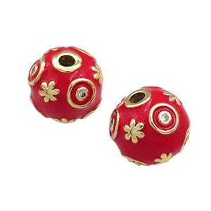 Copper Round Beads Pave Zircon Red Enamel 18K Gold Plated, approx 14mm [FD13833]