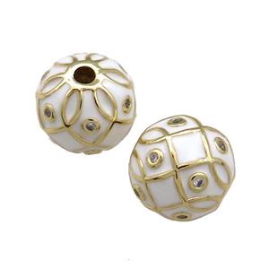 Copper Round Beads Pave Zircon White Enamel 18K Gold Plated, approx 14mm [FD13835]