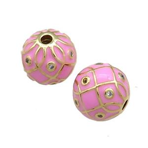 Copper Round Beads Pave Zircon Pink Enamel 18K Gold Plated, approx 14mm [FD13837]
