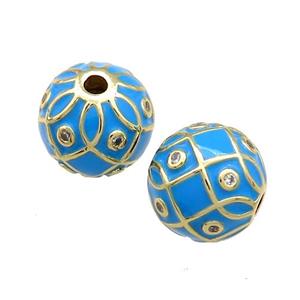 Copper Round Beads Pave Zircon Blue Enamel 18K Gold Plated, approx 14mm [FD13838]