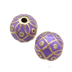 Copper Round Beads Pave Zircon Purple Enamel 18K Gold Plated, approx 14mm [FD13839]