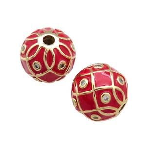 Copper Round Beads Pave Zircon Red Enamel 18K Gold Plated, approx 14mm [FD13840]