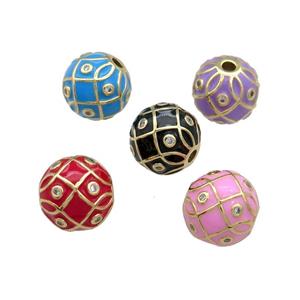 Copper Round Beads Pave Zircon Enamel 18K Gold Plated Mixed Color, approx 14mm [FD13841]