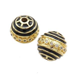 Copper Round Beads Pave Zircon Black Enamel 18K Gold Plated, approx 14mm [FD13843]