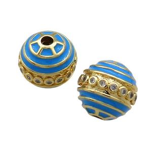 Copper Round Beads Pave Zircon Blue Enamel 18K Gold Plated, approx 14mm [FD13846]