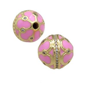 Copper Round Beads Pave Zircon Pink Enamel 18K Gold Plated, approx 14mm [FD13851]