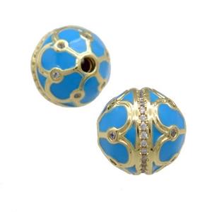 Copper Round Beads Pave Zircon Blue Enamel 18K Gold Plated, approx 14mm [FD13852]