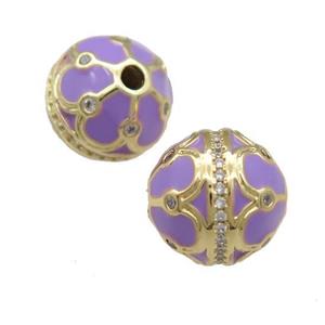 Copper Round Beads Pave Zircon Purple Enamel 18K Gold Plated, approx 14mm [FD13853]