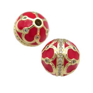 Copper Round Beads Pave Zircon Red Enamel 18K Gold Plated, approx 14mm [FD13854]