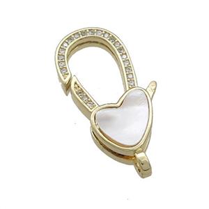 Copper Lobster Clasp Pave Shell Zircon Heart 18K Gold Plated, approx 12-26mm [FD13887]