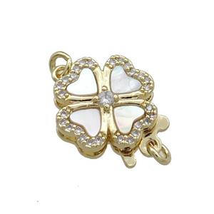 Copper Slide Clasp Pave Shell Zircon Clover 18K Gold Plated, approx 13mm [FD13898]