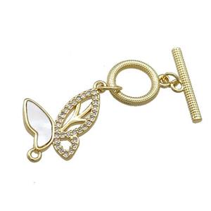 Copper Toggle Clasp Pave Shell Zircon Butterfly 18K Gold Plated, approx 11mm, 17mm, 15-16mm [FD13899]