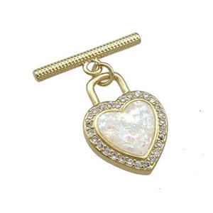 Copper Toggle Clasp Pave White Fire Opal Zircon Heart 18K Gold, approx 12-17mm, 17mm [FD13908]