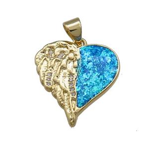 Copper Heart Pendant Pave Fire Opal Zircon Angel Wings 18K Gold, approx 18-20mm [FD13962]