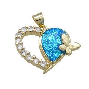 Copper Heart Pendant Pave Fire Opal Zircon Butterfly 18K Gold, approx 20mm [FD13964]