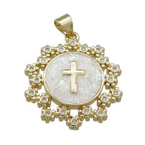 Copper Circle Pendant Pave Fire Opal Zircon Cross 18K Gold, approx 24mm [FD13971]