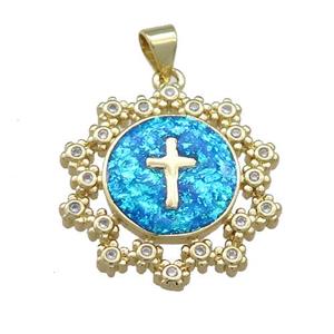 Copper Circle Pendant Pave Fire Opal Zircon Cross 18K Gold, approx 24mm [FD13972]