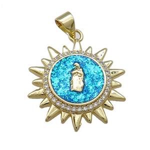 Copper Sun Charms Pendant Pave Fire Opal Zircon Jesus 18K Gold Plated, approx 22mm [FD13974]