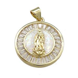 Copper Circle Pendant Pave Fire Opal Zircon Jesus 18K Gold, approx 20mm [FD13975]