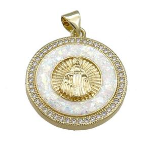 Copper Circle Pendant Pave Fire Opal Zircon Virgin Mary 18K Gold, approx 22mm [FD13977]