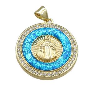 Copper Circle Pendant Pave Fire Opal Zircon Virgin Mary 18K Gold, approx 22mm [FD13978]