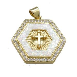 Copper Hexagon Pendant Pave Fire Opal Zircon Cross 18K Gold Plated, approx 24mm [FD13979]