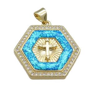 Copper Hexagon Pendant Pave Fire Opal Zircon Cross 18K Gold Plated, approx 24mm [FD13980]