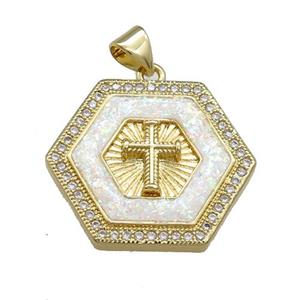 Copper Hexagon Pendant Pave Fire Opal Zircon Cross 18K Gold Plated, approx 24mm [FD13981]