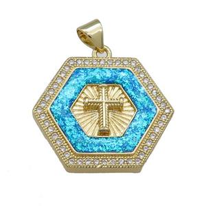 Copper Hexagon Pendant Pave Fire Opal Zircon Cross 18K Gold Plated, approx 24mm [FD13982]