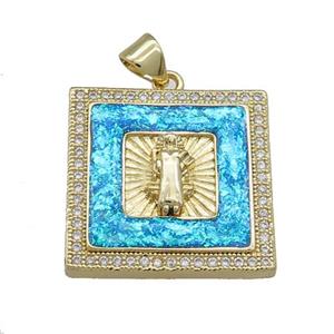 Copper Square Pendant Pave Fire Opal Zircon Jesus 18K Gold Plated, approx 21mm [FD13984]