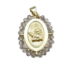 Copper Angel Pendant With Smoky Crystal Glass Wire Wrapped Oval Gold Plated, approx 20-25mm [FD14039]