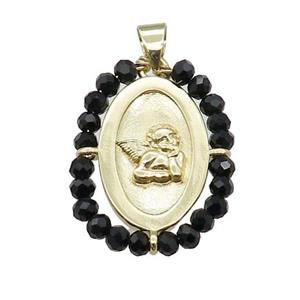 Copper Angel Pendant With Black Crystal Glass Wire Wrapped Oval Gold Plated, approx 20-25mm [FD14040]