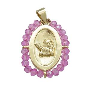 Copper Angel Pendant With Hotpink Crystal Glass Wire Wrapped Oval Gold Plated, approx 20-25mm [FD14042]